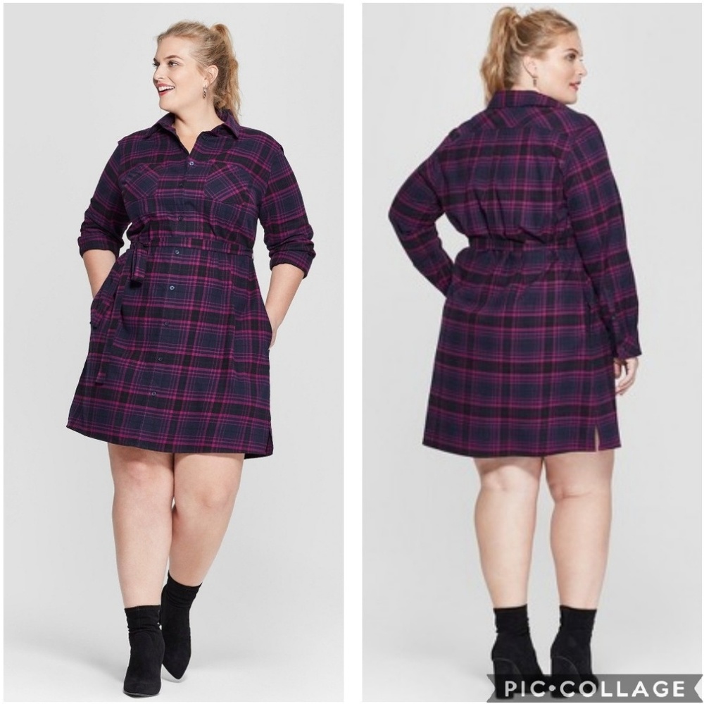 Navy/pink Button Front Shirt Dress